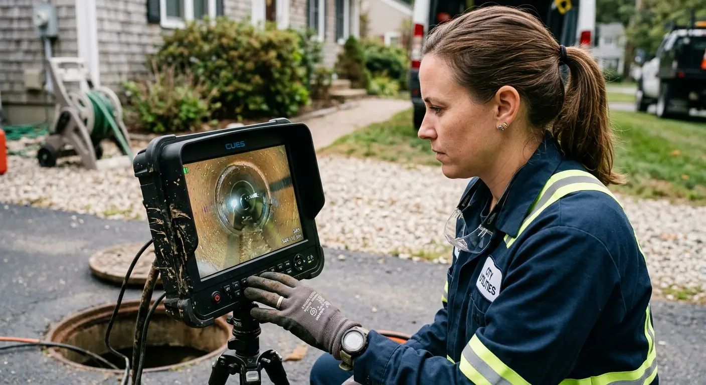 Technician reviewing sewer camera inspection footage in Windsor