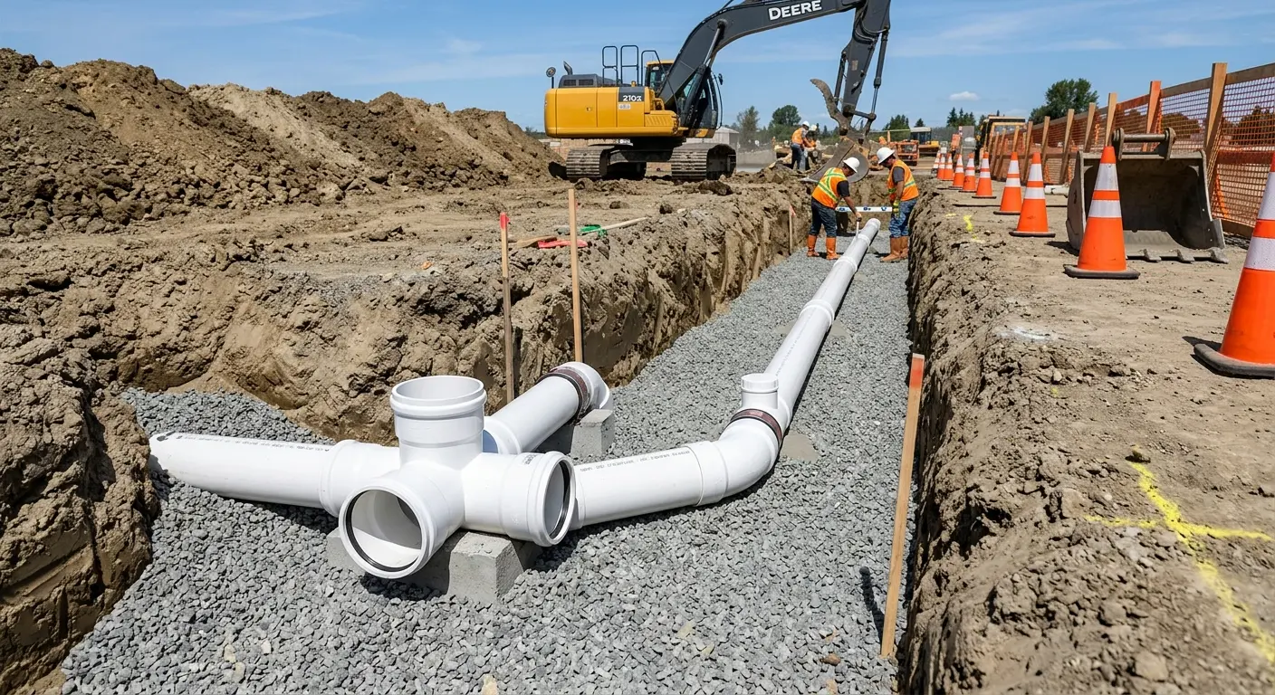 New PVC sewer pipe installation in open trench for Sewer Backup in Windsor