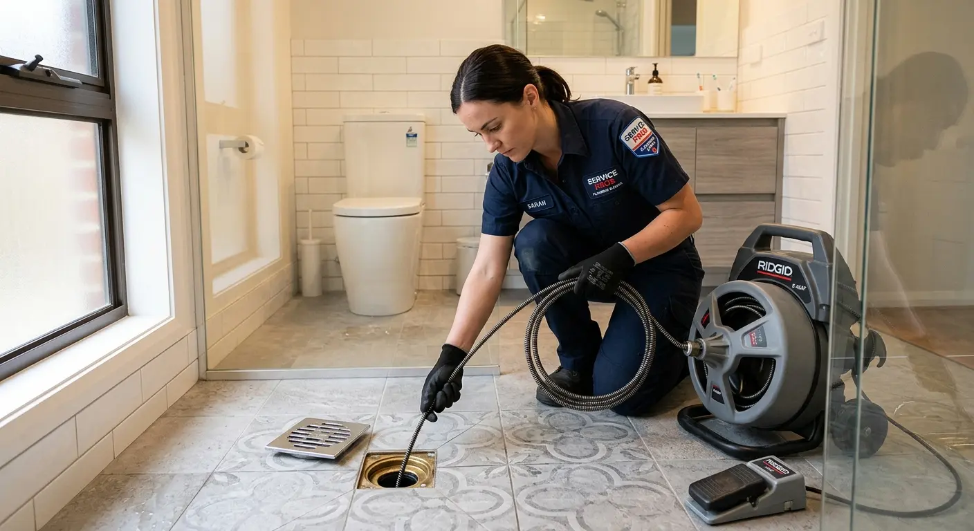 Technician clearing a bathroom floor drain for Clogged Drain Repair in Windsor